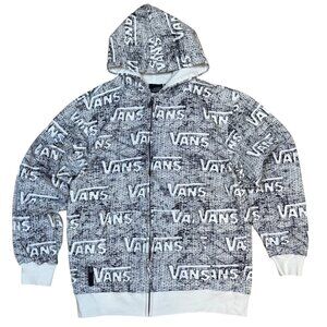 Y2K Vans Grunge All-Over Logo Zip-Up Hoodie Size Large Black White Streetwear Sk